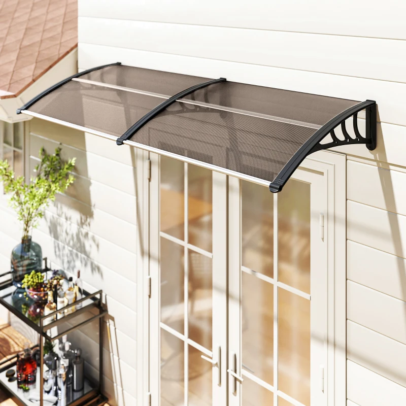 Outsunny Auvent de porte d'entrée, toit marquise de porte exterieur en polycarbonate et profil aluminium résistante toit abri protection contre la pluie et UV pour terrasse, balcon, 195x75cm, marron