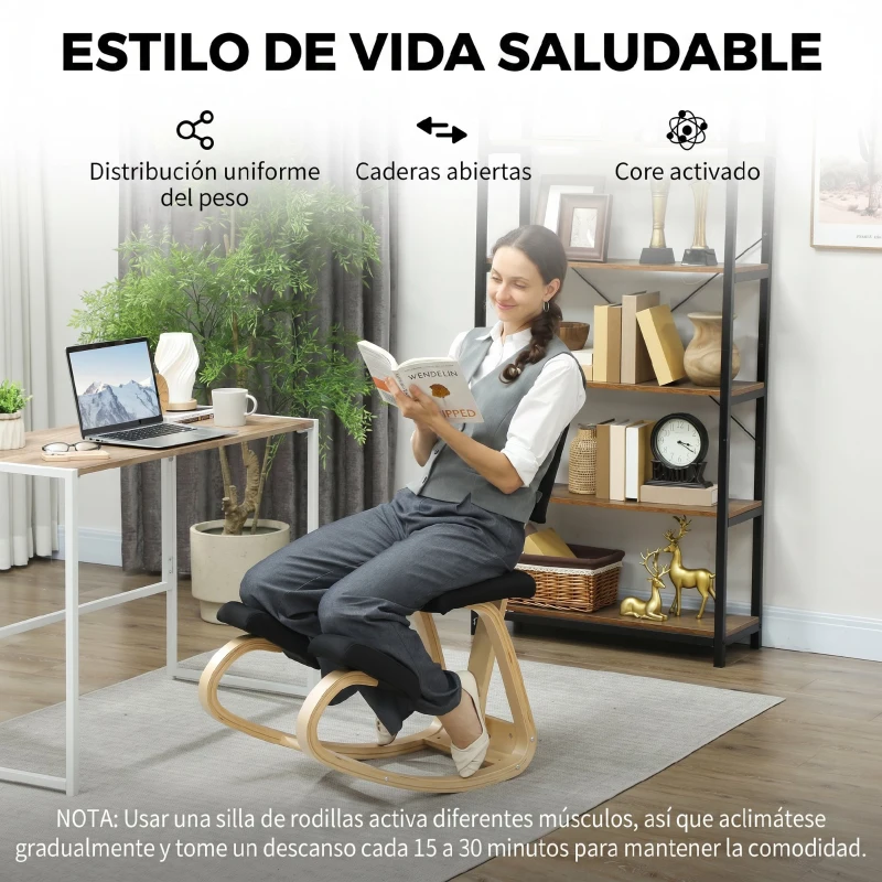 HOMCOM Silla Ergonómica de Rodillas con Respaldo Cojines Acolchados Marco de Madera para una Mejor Postura Oficina Negro