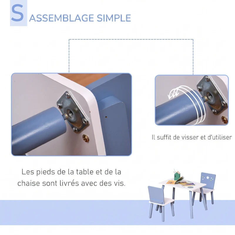 HOMCOM Table enfant avec chaise, ensemble table et 2 chaises en bois pour dessiner, jouer, étudier, bleu
