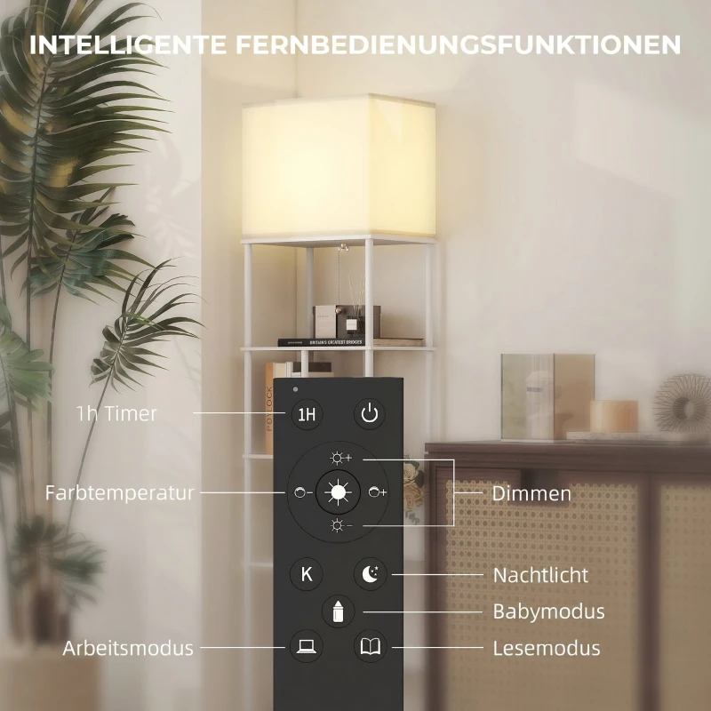 HOMCOM Stehlampe Stehleuchte mit Regalen, einstellbare Helligkeit & Farbtemperatur für Schlafzimmer, Büro, Wohnzimmer, Weiß