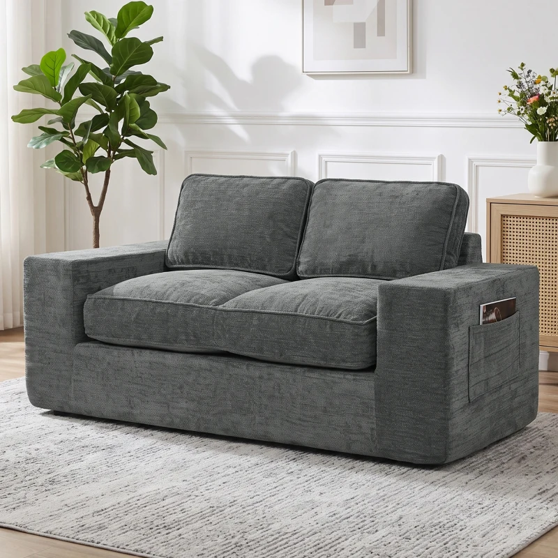 HOMCOM 2-Sitzer Sofa mit Chenillebezug, Wohnzimmer-Sofa 156 cm, breite gepolsterte Sitzfläche und Armlehnen, 2 Kissen, Grau