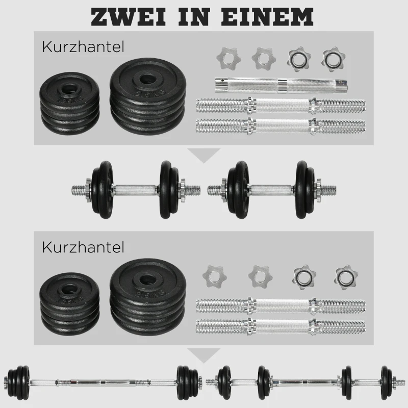 HOMCOM halter, halter, 2-in-1, 20 kg, 8 halterschijven, roestvrij, ijzer, zwart, 95 x 16 x 16 x 16 cm