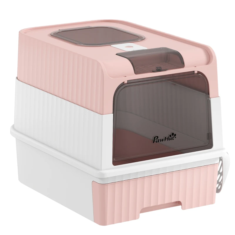 PawHut Bac à Litière Fermé M avec Couvercle, Bac Extractible, Pelle, 4 Sachets Désodorisants, Rose