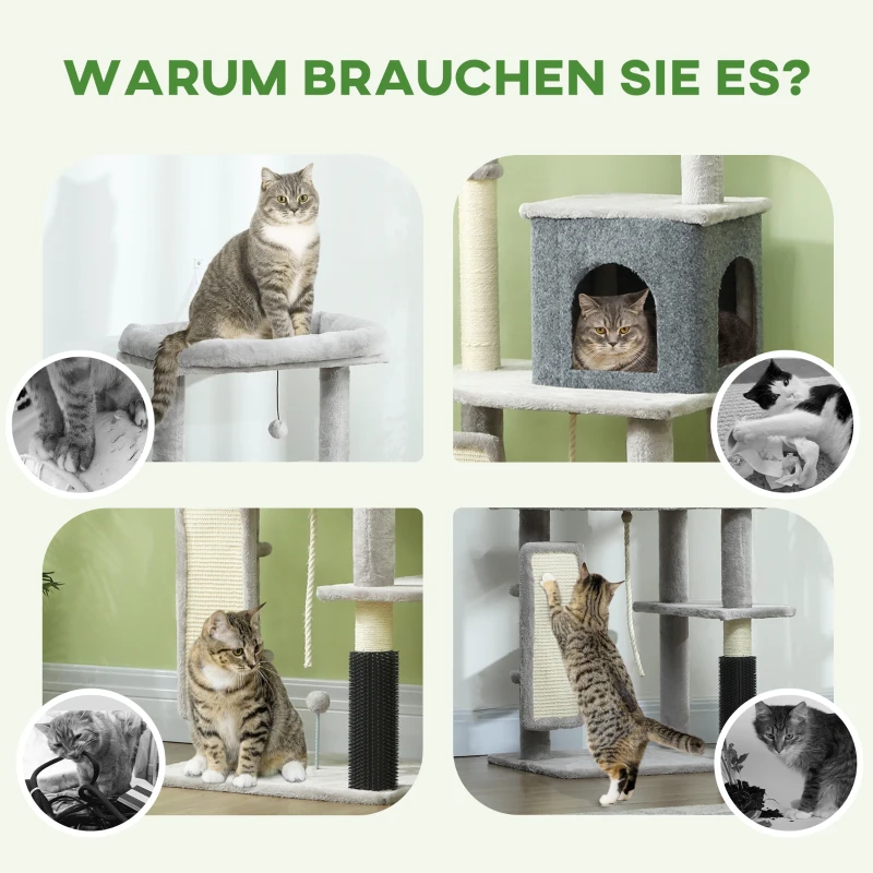 PawHut 132 cm Kattenboom met Krabpalen, Bed, Huisje, Springplatforms, Verzorgingsborstel, Lichtgrijs