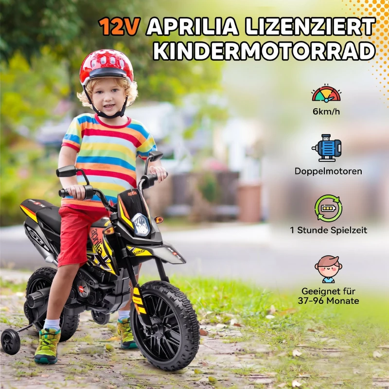 AIYAPLAY Motocicletă Electrică pentru Copii 3-8 Ani, 2 Motoare 12V, Roți Ajutătoare Detașabile, 30 kg, Galben