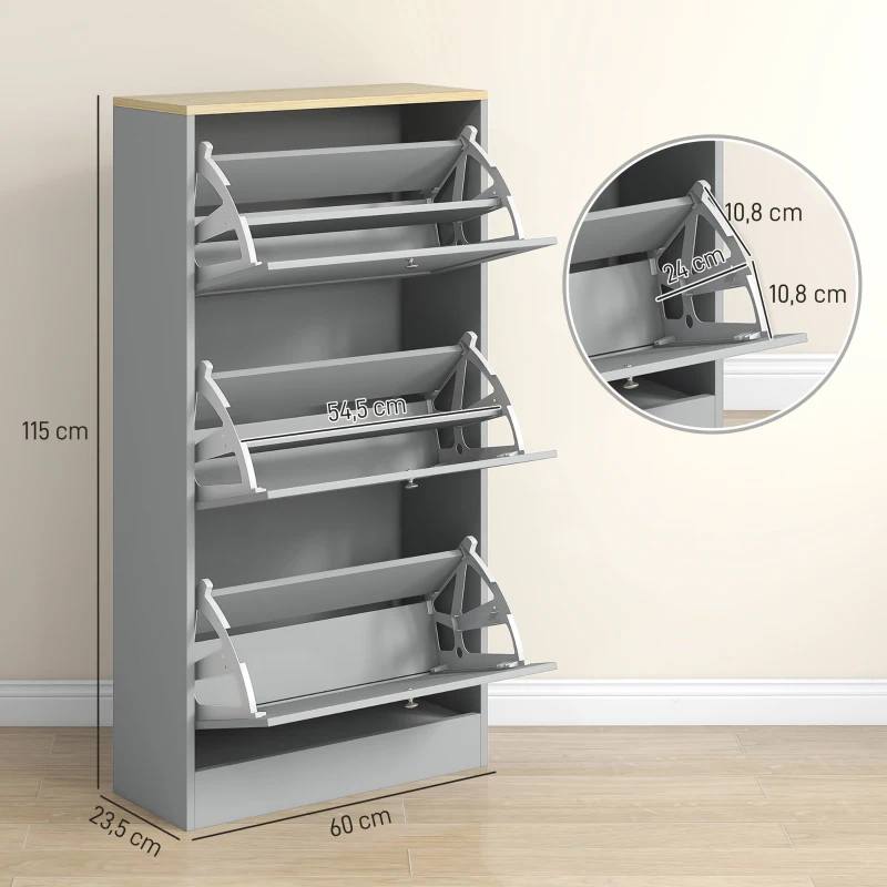 HOMCOM Meuble à chaussures 18 paires, armoire à chaussures avec 3 tiroirs rabattables, étagères réglables, 60x23,5x115cm, gris