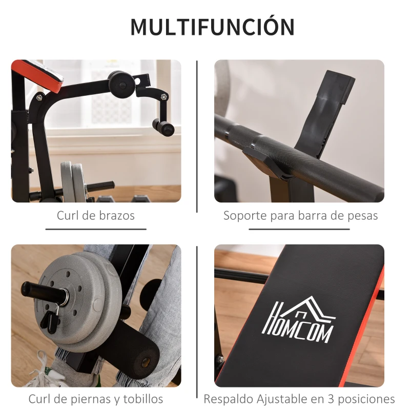 HOMCOM Banco de Musculación Multifuncional, Banco de Pesas con Respaldo Ajustable, Soporte para Barras Regulable, Extensión de Piernas, Curl de Predicador, Mariposa, Entrenamiento Casa Gimnasio, Rojo