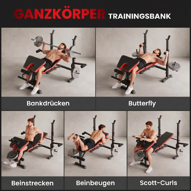 HOMCOM Hantelbank zonder Gewichten, Verstelbare Fitnessbank voor Tal van Oefeningen, Workout-Station, Staal, Kunststof, Zwart+Rood