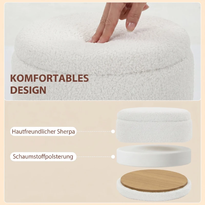 HOMCOM Sherpa Aufbewahrungshocker mit Wendedeckel, runder Sitzhocker für Wohnzimmer & Schlafzimmer, Weiß