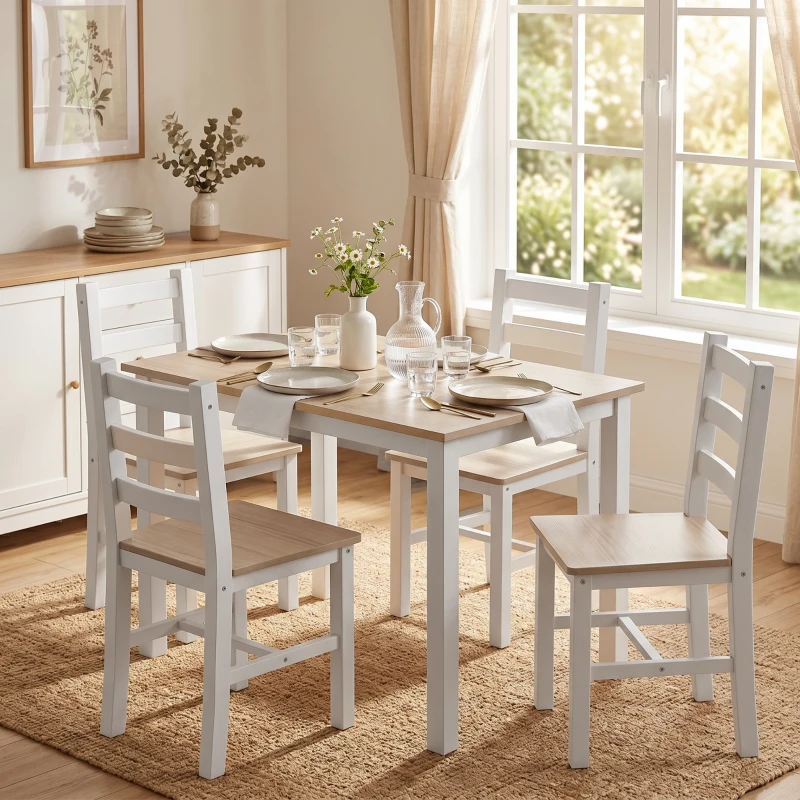 HOMCOM Conjunto de comedor de 5 piezas para 4 personas, mesa y sillas de estilo rústico de madera maciza, Natural/Blanco
