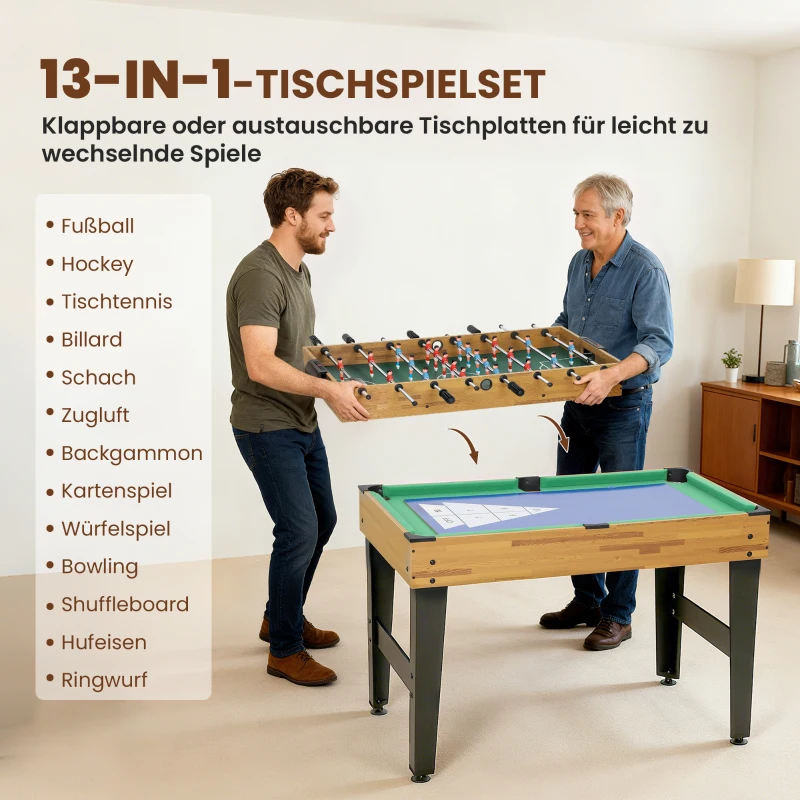 SPORTNOW 13-in-1 speeltafel, tafelvoetbal, schaak, biljart, tafeltennis en meer, MDF, kunststof, Walnoot(m-4)