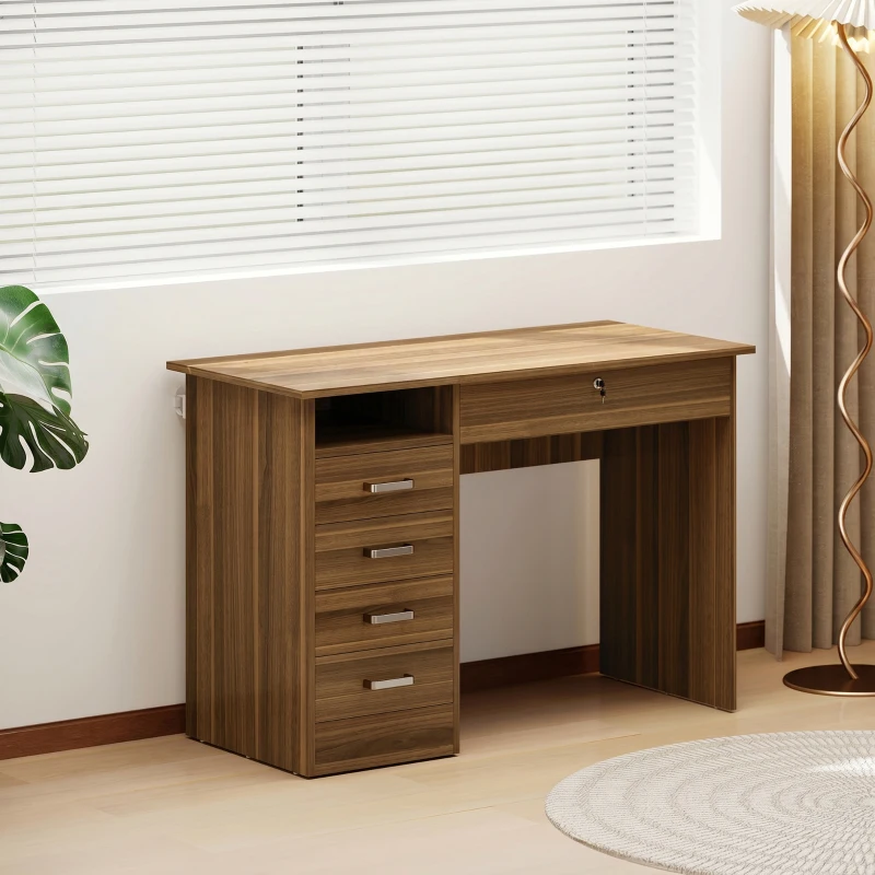 HOMCOM Scrivania PC con 5 cassetti, ripiano aperto e serratura, 110x50 cm, noce
