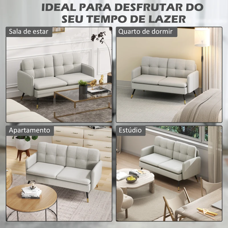 HOMCOM Divano 2 Posti in Tessuto Effetto Lino con Gambe in Acciaio e Cuscini Imbottiti, 139x68x80 cm, Bianco Crema