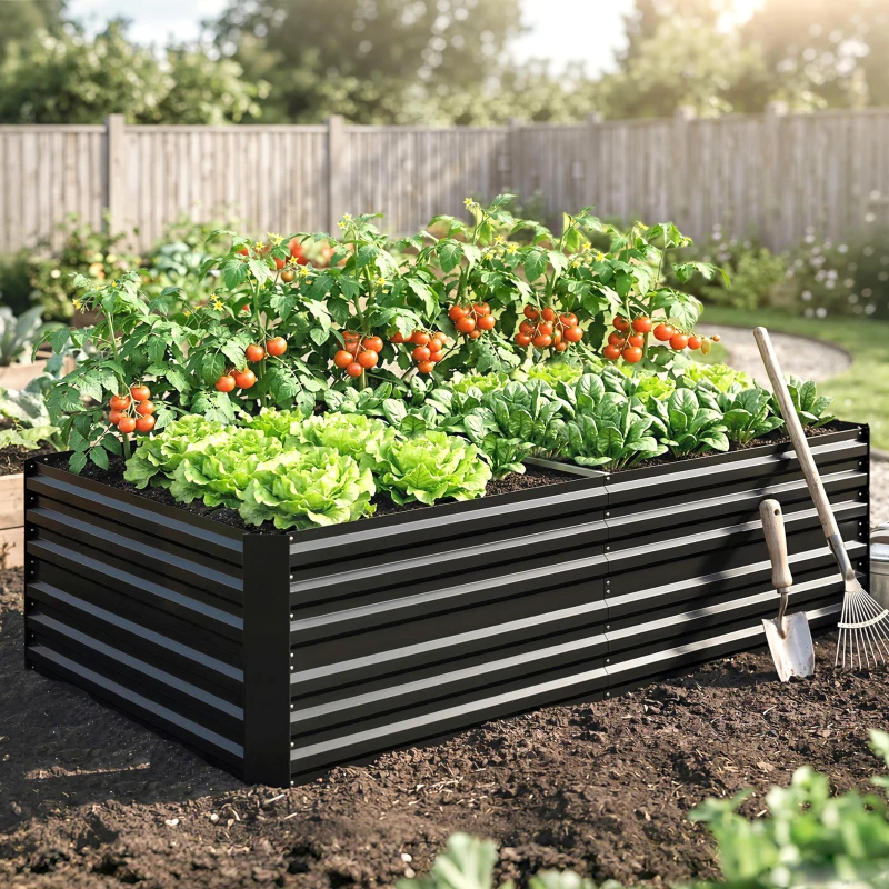 Outsunny Raised Beds for Garden, Galvanised Steel Outdoor Planters with Multi-reinforced Rods, 180 x 90 x 59 cm, Black