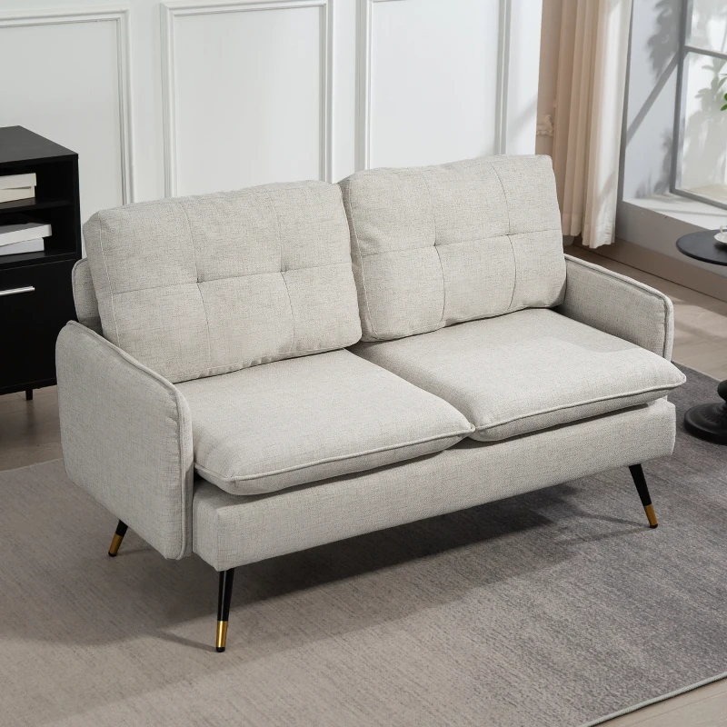 HOMCOM Divano 2 Posti in Tessuto Effetto Lino con Gambe in Acciaio e Cuscini Imbottiti, 139x68x80 cm, Bianco Crema