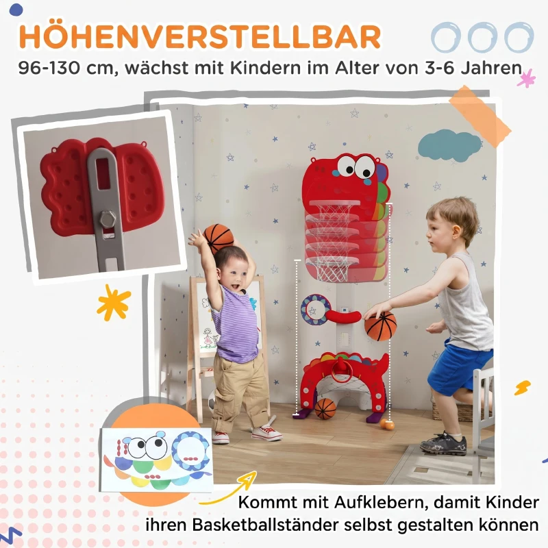 AIYAPLAY 5-in-1 Dinosaur Basketball Set with Adjustable Basketball Stand and Golf Game, Indoor for Boys Girls, Red