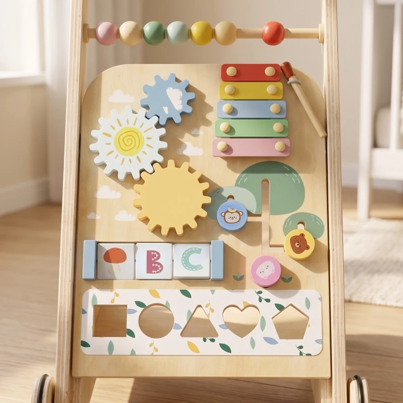 AIYAPLAY Wooden Baby Walker, Toddler Push Along Walker with Speed Control, Activity Centre and 5 Blocks for 18 Months+, Natural