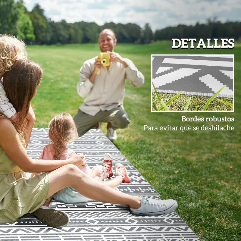 Outsunny Alfombra de Exterior Reversible 182x274 cm con Patrón Geométrico de Cenefa Impermeable con Bolsa Gris y Blanco