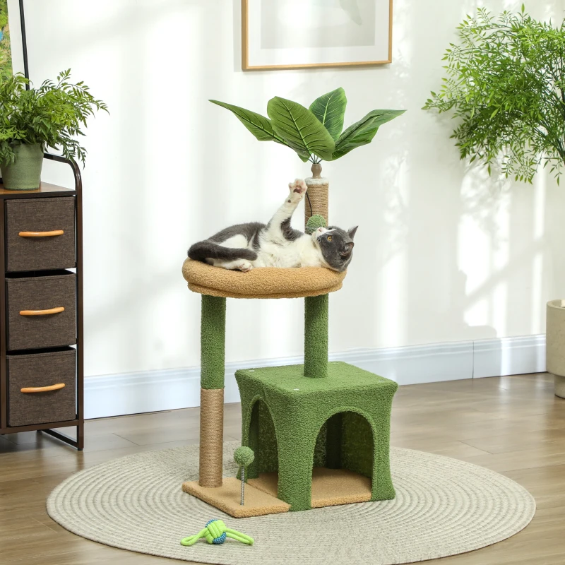 PawHut Kratzbaum 98 cm hoch Katzenbaum mit Höhle, Katzenbett Blätter-Design, Jutestämme, 2 Spielbälle für Katzen unter 5 kg