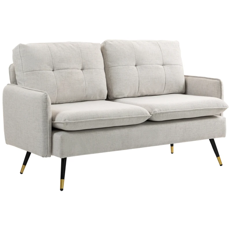HOMCOM Divano 2 Posti in Tessuto Effetto Lino con Gambe in Acciaio e Cuscini Imbottiti, 139x68x80 cm, Bianco Crema
