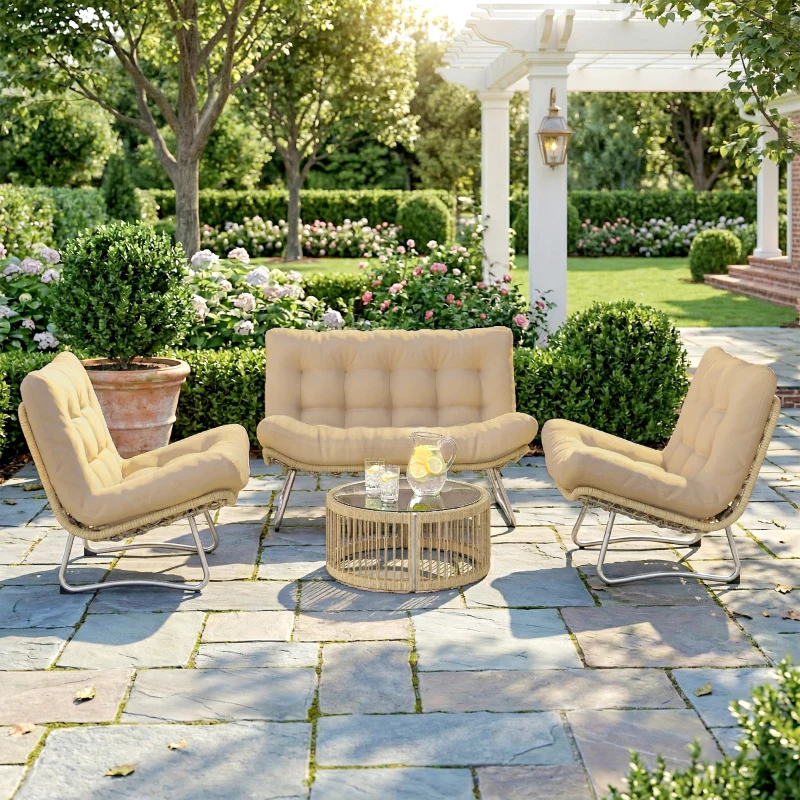 Outsunny Gartenmöbel Set 4-teilig Polyrattan Lounge-Set mit Zweisitzer 2 Sessel Glastisch Breitem & Tiefem Sitz Dicke Kissen