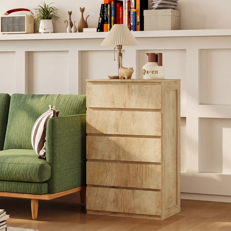 HOMCOM Cómoda 5 Cajones para Dormitorio Moderna Diseño sin Tiradores para Comedor Entrada 60x39x100 cm Madera Natural