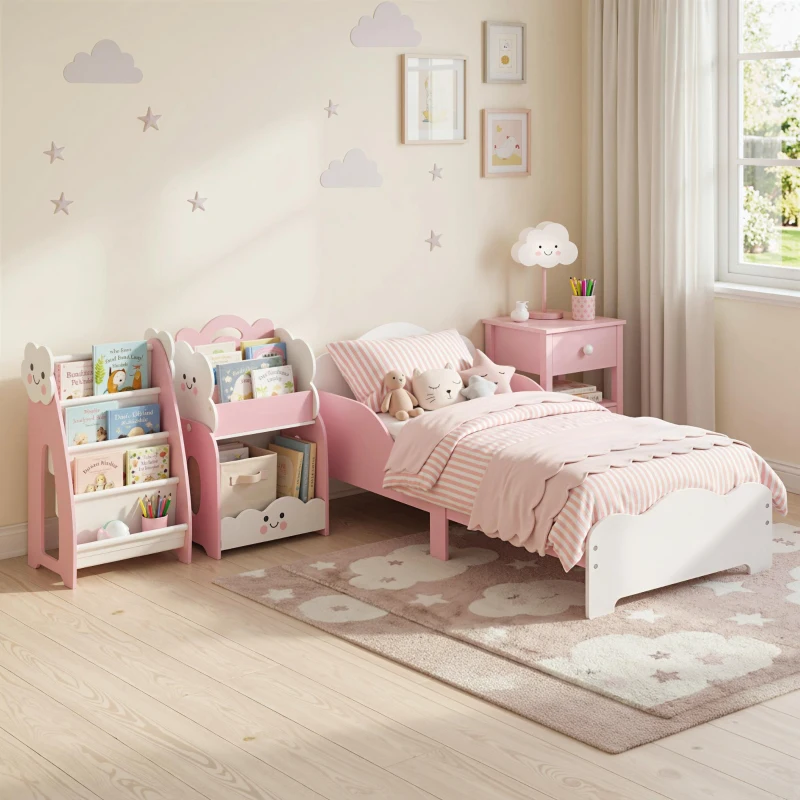 AIYAPLAY Letto Montessori per Bambini 3-6 Anni in Legno con Bordi Rialzati e Stampe Carine, per Cameretta, Rosa