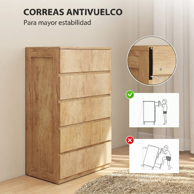 HOMCOM Cómoda 5 Cajones para Dormitorio Moderna Diseño sin Tiradores para Comedor Entrada 60x39x100 cm Madera Natural