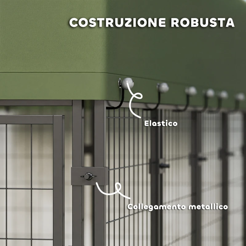 PawHut Recinto per Cani da Esterno in Acciaio con 2 Ciotole Girevoli e Tetto in Tessuto Oxford, 244x122x183 cm, Verde
