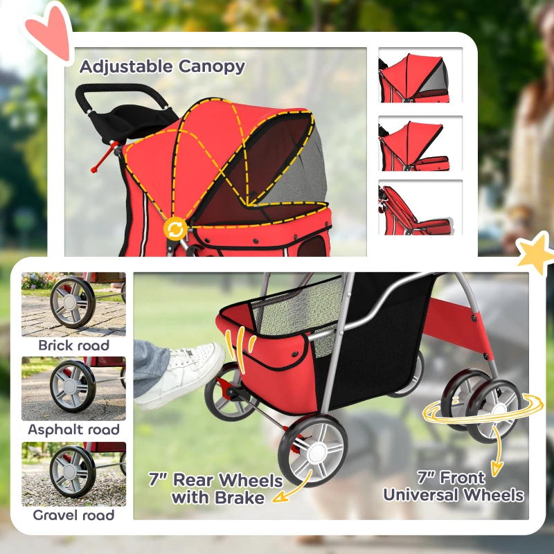 PawHut Dog Pram, Pet Stroller with Reflective Strips, Foldable Cat Stroller with 360° Swivel Wheels, Red