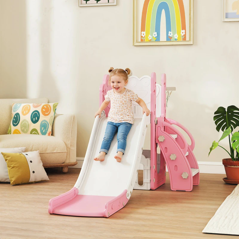 AIYAPLAY 5-in-1 Kinderrutschenset, Teleskop, Basketballkorb, HDPE, Kunststoff, Rosa+Weiß