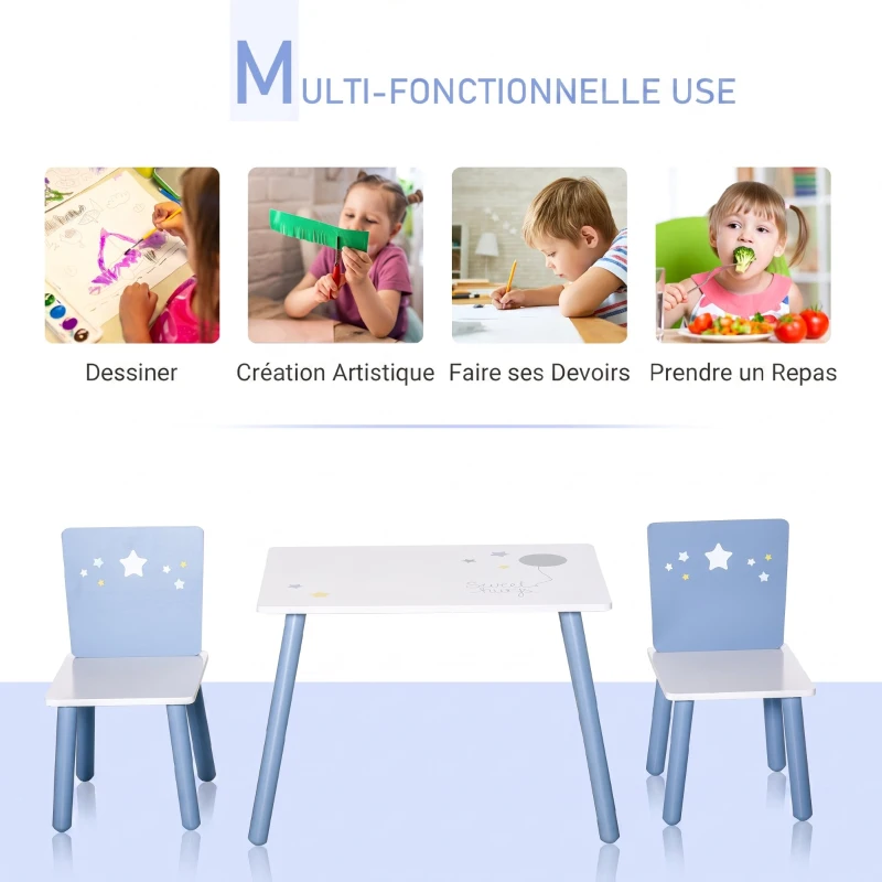 HOMCOM Table enfant avec chaise, ensemble table et 2 chaises en bois pour dessiner, jouer, étudier, bleu
