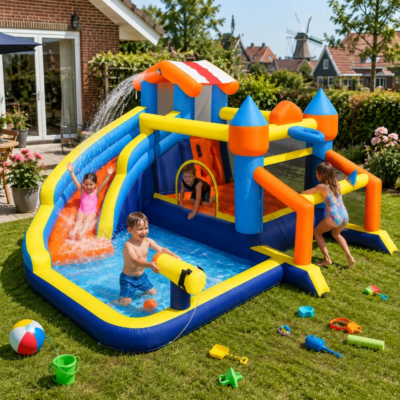 AIYAPLAY 8-in-1 Springkasteel met blower, glijbaan, plonsbad, trampoline en klimwand voor binnen en buiten, 350x325x210 cm, meerkleurig