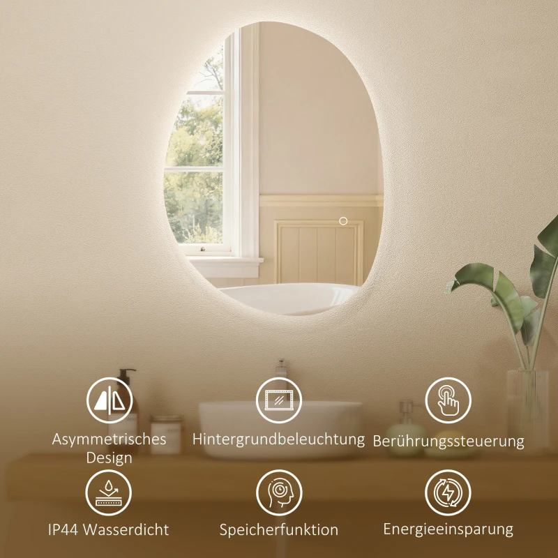 HOMCOM 70 x 50 cm Asymmetrischer Badspiegel mit LED-Licht, Smart Touch Schalter, Anti-Beschlag-Funktion, Silber