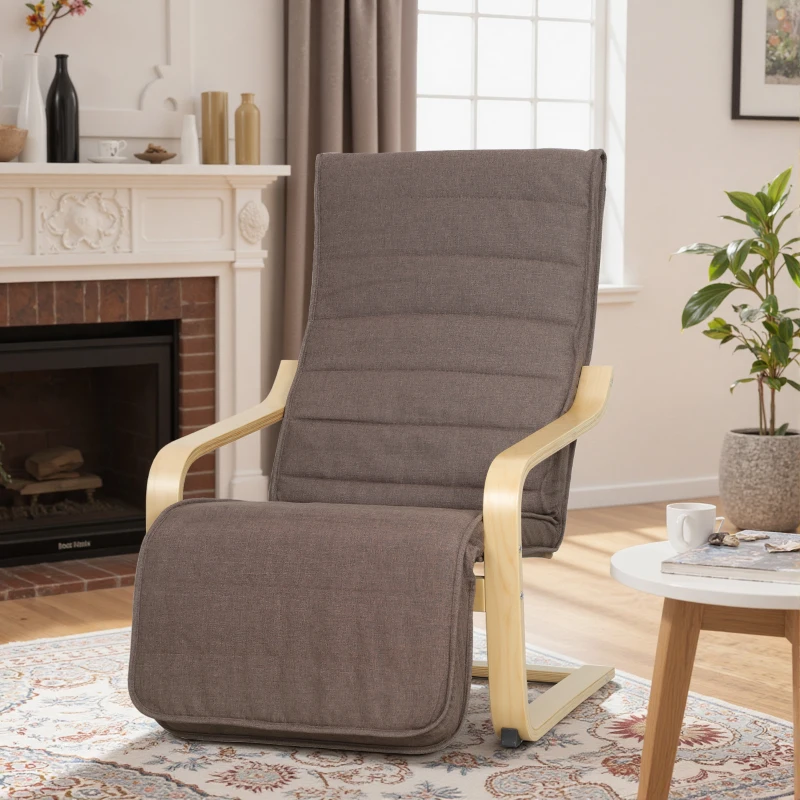 HOMCOM Accentstoel, Relaxfauteuil met Verstelbare Voetensteun, Berkenhouten Frame, tot 120 kg, 66,5 x 94 x 100 cm, Bruin