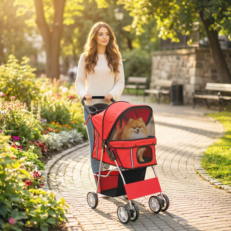 PawHut Dog Pram, Pet Stroller with Reflective Strips, Foldable Cat Stroller with 360° Swivel Wheels, Red