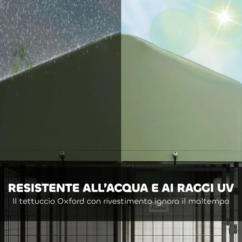 PawHut Recinto per Cani da Esterno in Acciaio con 2 Ciotole Girevoli e Tetto in Tessuto Oxford, 244x122x183 cm, Verde