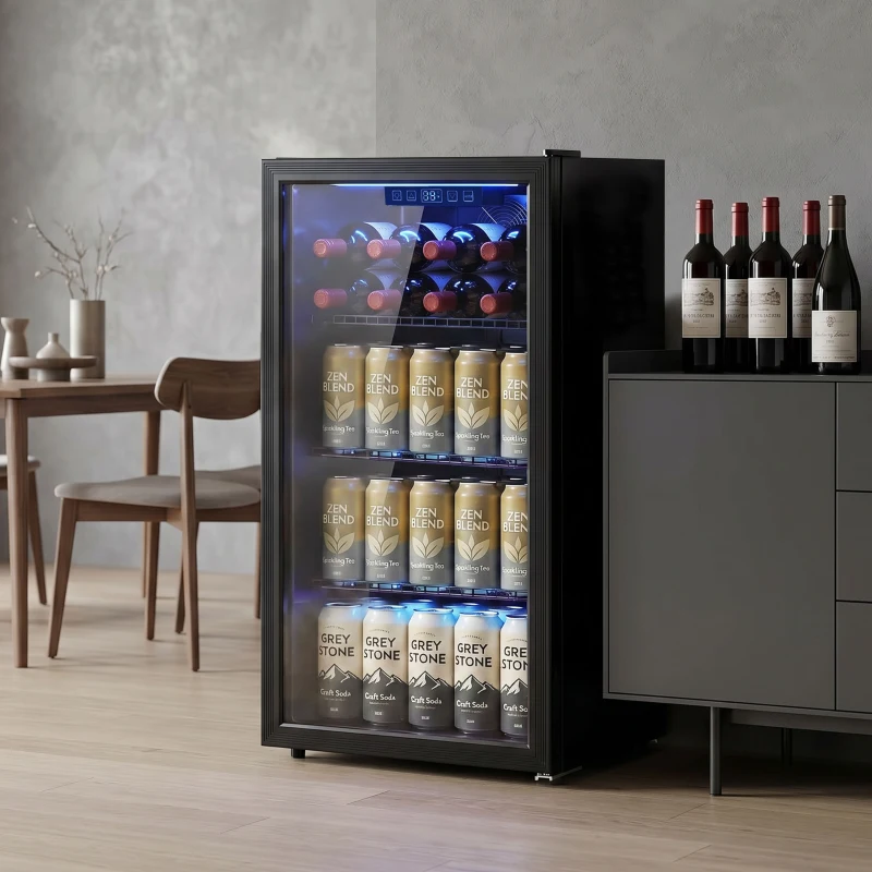 HOMCOM 90L Drinks Fridge, 139 Can Under Counter Freestanding Beer Fridge with LED Light