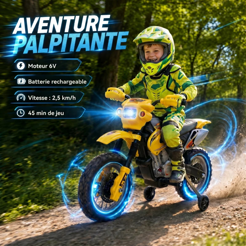 HOMCOM Moto électrique enfants, moto cross pour enfants avec batterie 6 V, phares, musiques et roues d'entraînement, 3 à 6 ans, charge 25KG, jaune et noir