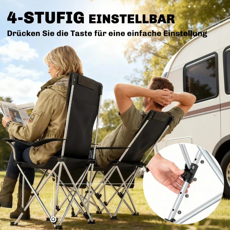 Outsunny Set van 2 Opvouwbare Campingstoelen met Afneembare Voetsteun en Bekerhouder, Belastbaar tot 120 kg - Zwart
