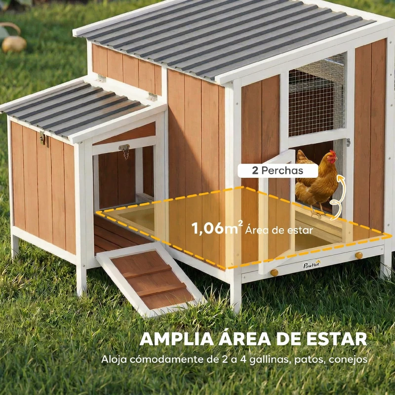 PawHut Gallinero para Exterior de Madera 145x90x92 cm para 2-4 Gallinas con Nido Casa Lateral Bandeja Extraíble Marrón Claro