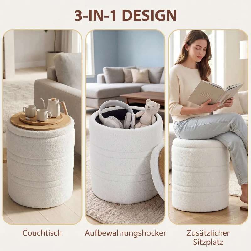 HOMCOM Sherpa Aufbewahrungshocker mit Wendedeckel, runder Sitzhocker für Wohnzimmer & Schlafzimmer, Weiß