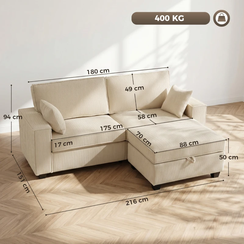 HOMCOM Ecksofa 216 cm 3-Sitzer L-Form Sofa mit Umkehrbarem Aufbwahrungshocker, Cord-Optik, Breiter Sitzfläche, für Wohnzimmer