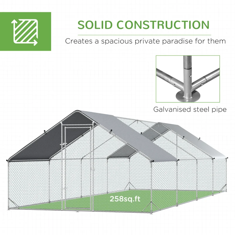 PawHut Chicken Run Galvanised Walk-in Chicken Coop Hen Poultry House Cage Rabbit Hutch with Water-Resist Cover, 3 x 8 x 2m