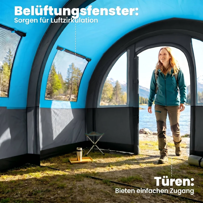 Outsunny Campingzelt bis 3 Pers., Familienzelt, separate Bereiche, wasserdicht, Grau/Blau