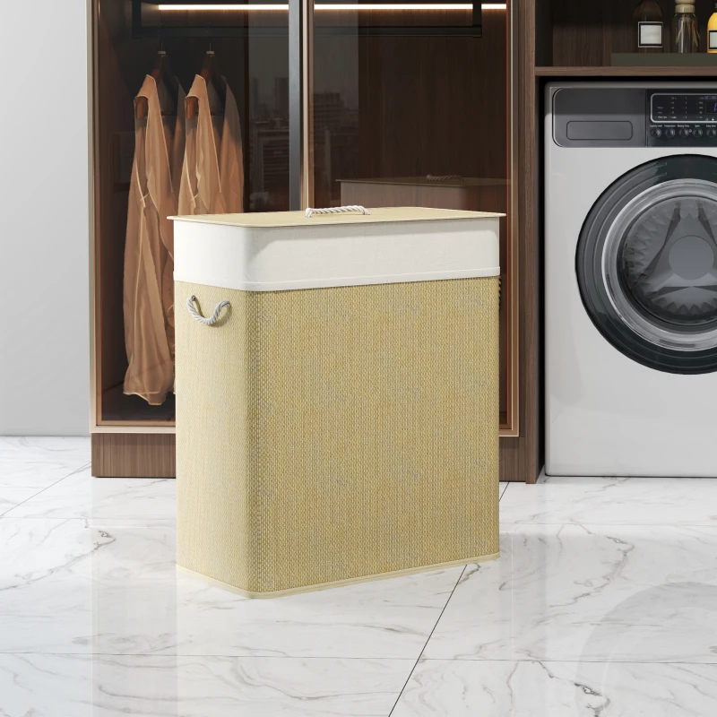 HOMCOM Cesto de Ropa Sucia de Bambú con 2 Compartimentos Asas para Facilitar el Uso y Bolsas Desmontables Lavables 52x32x63 cm