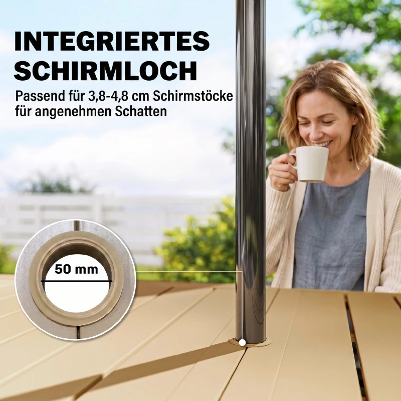 Outsunny Gartentisch 150x90cm, Wetterfest Balkontisch aus Stahl, Balkontisch mit Schirmloch Braun