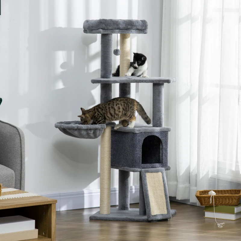 PawHut Arranhador para Gatos 127 cm com Caverna Rede Cama Plataformas Rampa de Sisal Bola Pendurada Cinza