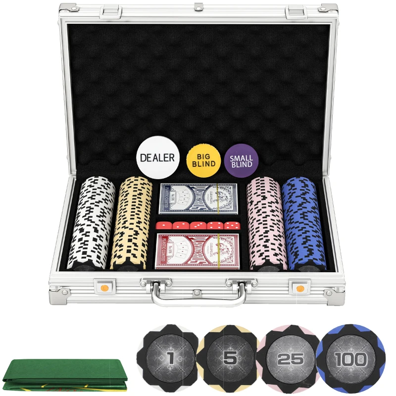 SPORTNOW Pokerchips-set in koffer, met dobbelstenen, dealerbutton, 2 kaartspellen, zilverkleurig