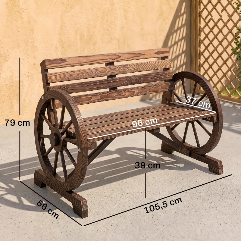 Outsunny tuinbank, ontwerp met wagenwiel, voor 2 personen, natuurlijk hout, donkerbruin, 105,5 x 56 x 79 cm(m-3)